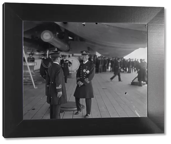 Japanese Crown Prince Hirohito pictured on board the warship Kotosi at Spithead during