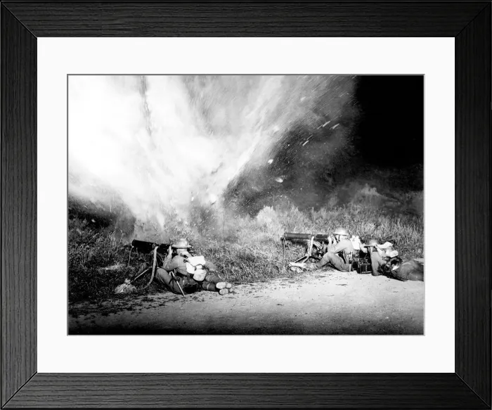 Framed Print : Machine gunners firing while a mine explodes just in front of them during a live firing Framed Print : Machine gunners firing while a mine explodes just in front of them during a live firing