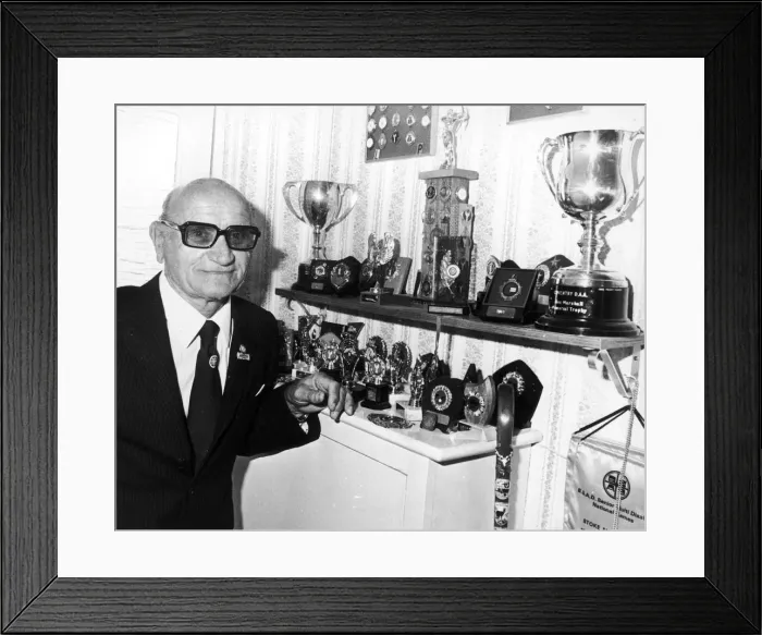 Framed Print : Len Tasker disabled sportsman seen here with his sporting trophies. 19th July 1983 Framed Print : Len Tasker disabled sportsman seen here with his sporting trophies. 19th July 1983