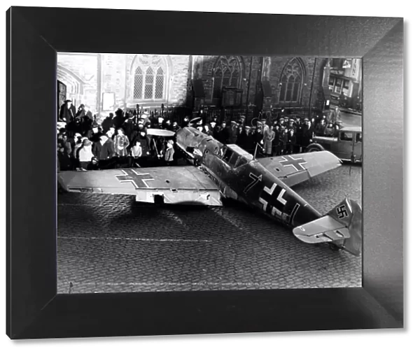 A shot down German Messerschmitt Bf 109 fighter aircraft is put on display in Durham