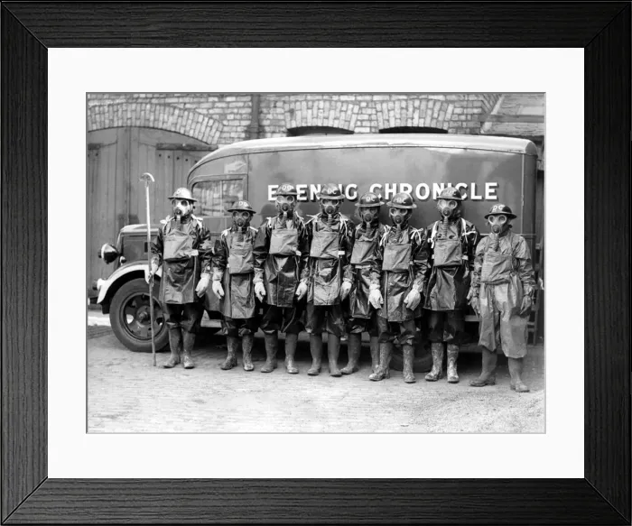 Framed Print : Newcastle Chronicle and Journal staff wearing gas masks as part of air raid precautions Framed Print : Newcastle Chronicle and Journal staff wearing gas masks as part of air raid precautions