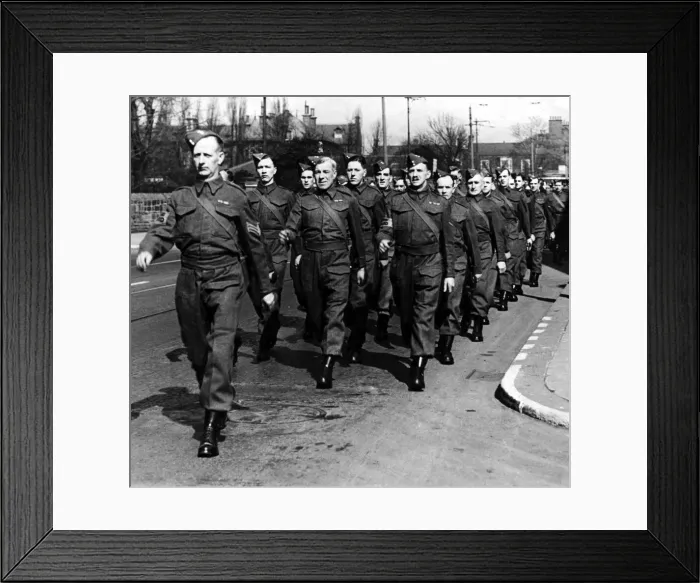 Framed Print : Gosforth Home Guard members marching to the Royalty Cinema to see a special film show