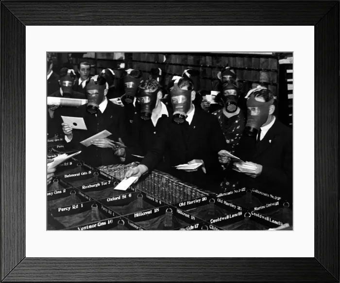 Framed Print : Whitley Bay Post Officer workers wear gas masks during air raid precaution training