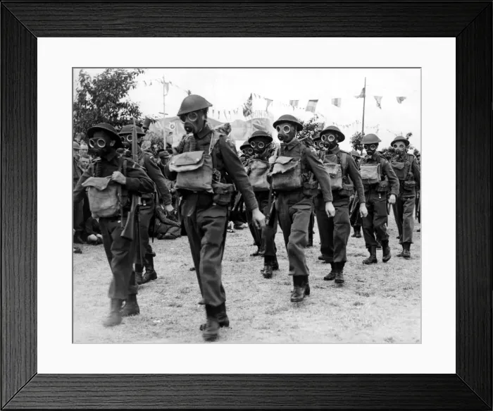 Framed Print : Members of the Home Guard march whilst wearing gas masks. 14  /  07  /  1942