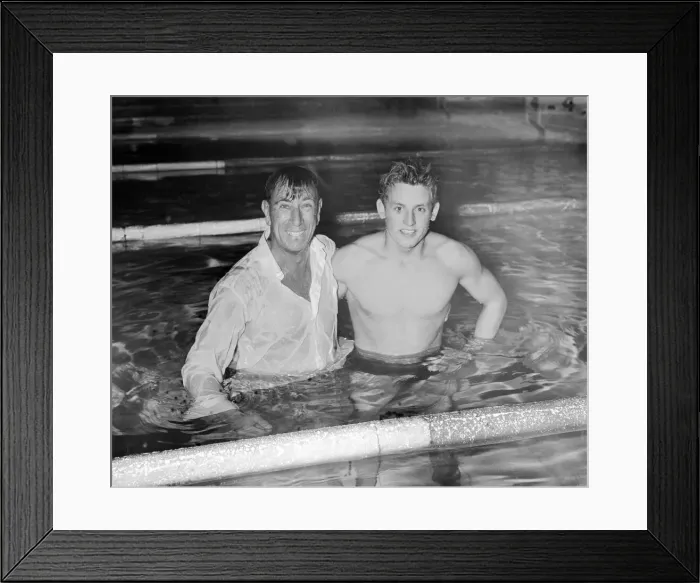 Framed Print : Ian MacIntosh Black, Scottish swimmer, pictured with coach, at the Empire Games, Cardiff Framed Print : Ian MacIntosh Black, Scottish swimmer, pictured with coach, at the Empire Games, Cardiff