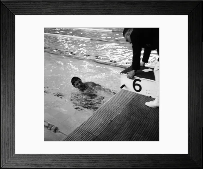 Framed Print : Ian MacIntosh Black, Scottish swimmer, pictured with coach, at the Empire Games, Cardiff Framed Print : Ian MacIntosh Black, Scottish swimmer, pictured with coach, at the Empire Games, Cardiff