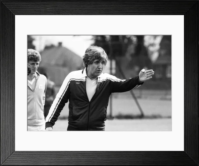 Framed Print : John Bond, Manchester City Football Manager, conducts training session, May 1981 Framed Print : John Bond, Manchester City Football Manager, conducts training session, May 1981