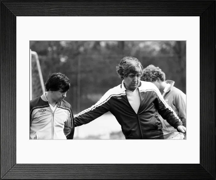 Framed Print : John Bond, Manchester City Football Manager, conducts training session, May 1981 Framed Print : John Bond, Manchester City Football Manager, conducts training session, May 1981
