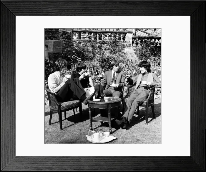 Framed Print : The Rolling Stones having a cup of tea in their hotel garden at Douglas Framed Print : The Rolling Stones having a cup of tea in their hotel garden at Douglas