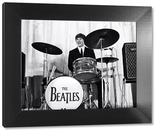 Ringo Starr and the Beatles famous Bass drum seen here performing on stage November 1964