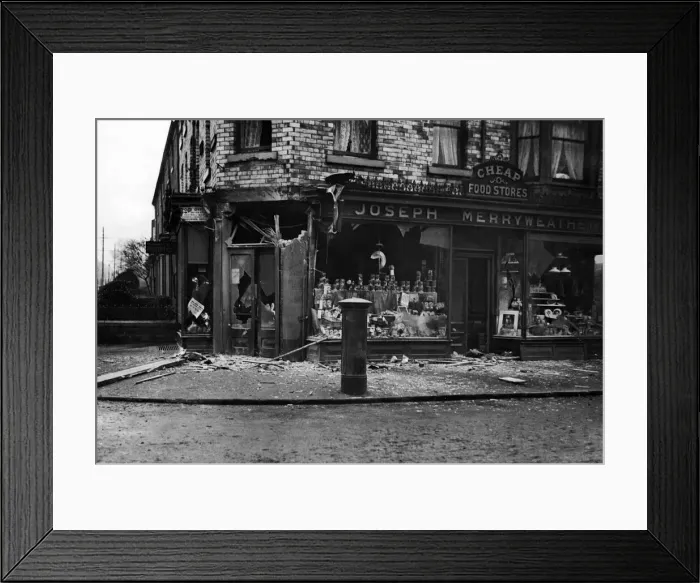 Framed Print : Joseph Merryweather provisions shop hit by German shell fire during a raid by Framed Print : Joseph Merryweather provisions shop hit by German shell fire during a raid by