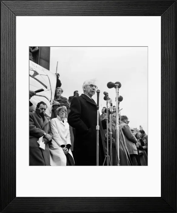 Framed Print : Veteran Philosopher Bertrand Russell braved todays Arctic weather to address a Framed Print : Veteran Philosopher Bertrand Russell braved todays Arctic weather to address a