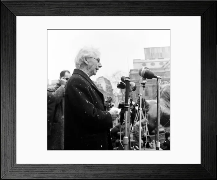 Framed Print : Veteran Philosopher Bertrand Russell braved todays Arctic weather to address a Framed Print : Veteran Philosopher Bertrand Russell braved todays Arctic weather to address a