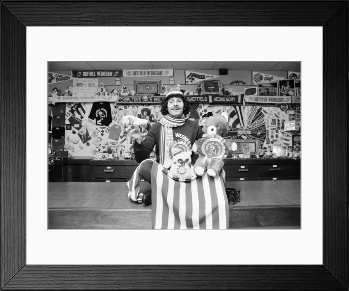 Framed Print : Sheffield Wednesday footballer Terry Curran decked out in the teams rosettes Framed Print : Sheffield Wednesday footballer Terry Curran decked out in the teams rosettes