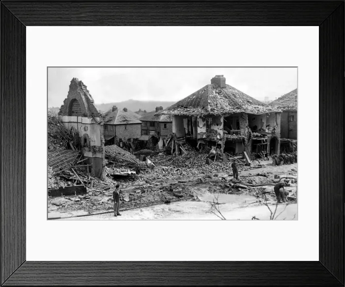 Framed Print : World War Two - Second World War - Bomb damaged houses from a German air raid on a Framed Print : World War Two - Second World War - Bomb damaged houses from a German air raid on a