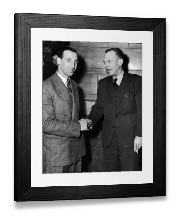 Framed Print : Footballer Tommy Lawton (left) shakes hands with his new manager Arthur Stollery after Framed Print : Footballer Tommy Lawton (left) shakes hands with his new manager Arthur Stollery after