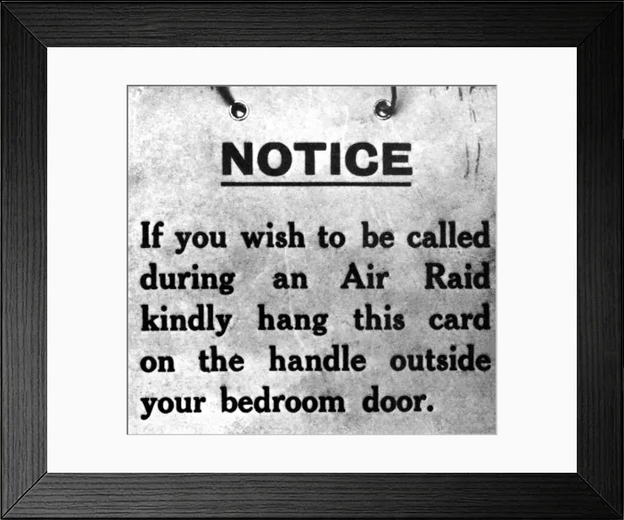 Framed Print : World War Two - Second World War - An air raid warning sign used by guests at a Framed Print : World War Two - Second World War - An air raid warning sign used by guests at a