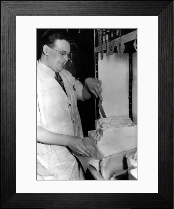 Framed Print : Post World War Two - Second World War - City grocery assistant, Mr William Wanup Framed Print : Post World War Two - Second World War - City grocery assistant, Mr William Wanup