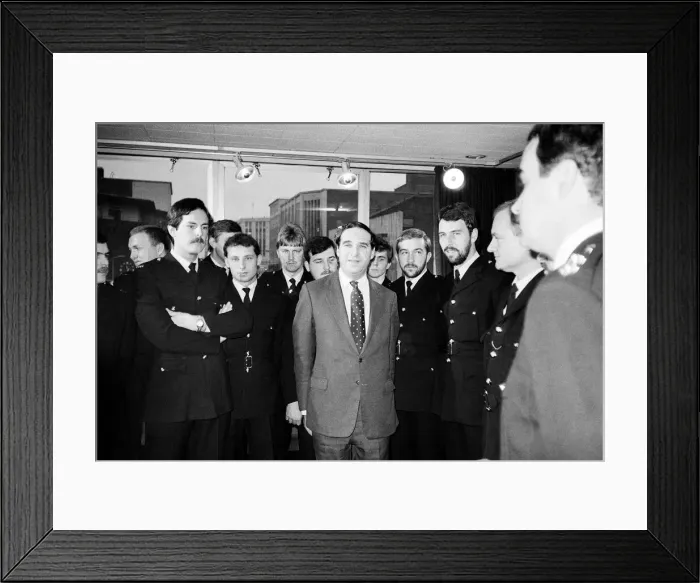 Framed Print : Consevative Home Secretary Leon Brittan at a press conference at Sheffield Police