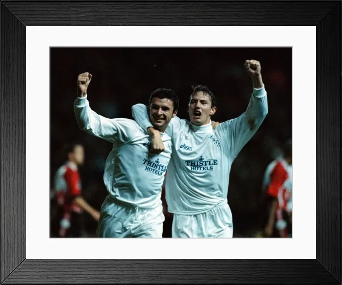 Framed Print : Gary Speed of Leeds celebrates with team mate after scoring goal during UEFA Cup match Framed Print : Gary Speed of Leeds celebrates with team mate after scoring goal during UEFA Cup match