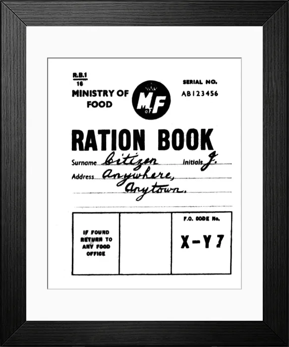 Framed Print : World War Two - Second World War - Ministry of Food Ration Book. Circa 1940 Framed Print : World War Two - Second World War - Ministry of Food Ration Book. Circa 1940