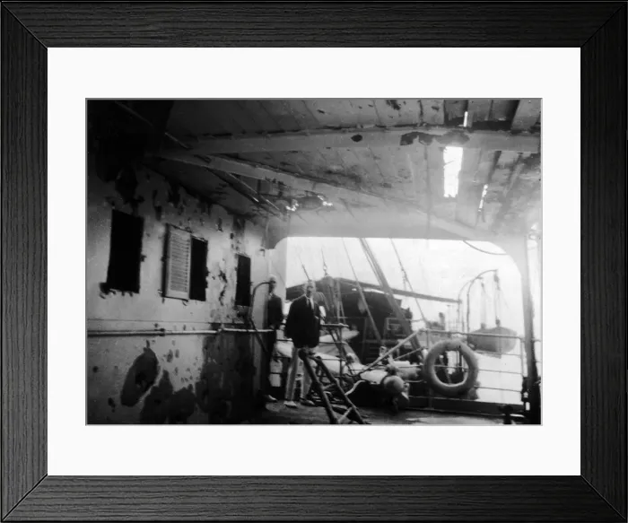 Framed Print : Damage to a British passenger ship caused by the 5. 5 gun of a German submarine off Framed Print : Damage to a British passenger ship caused by the 5. 5 gun of a German submarine off