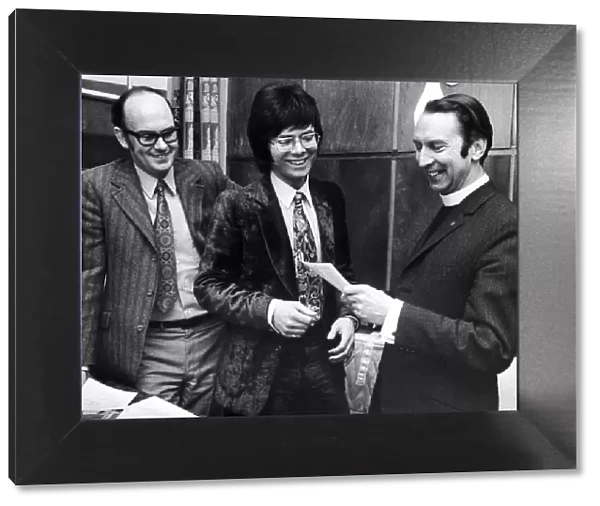 Left to Right Bill Latham, Cliff Richard and the Vicar of the Queens Road Baptist Church