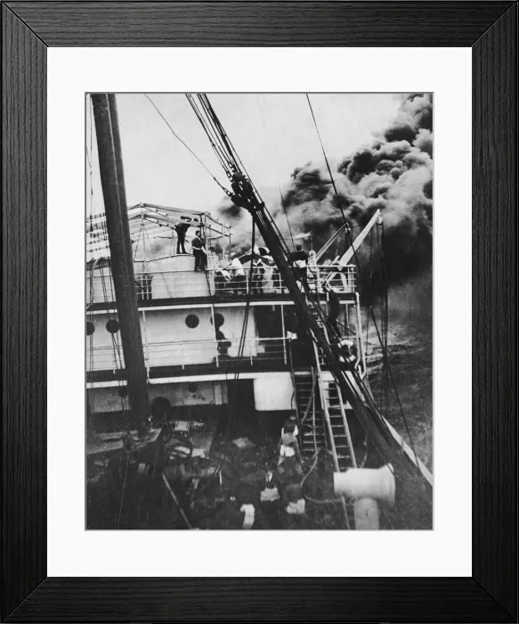 Framed Print : Sailors fight a fire aboard a British passenger cargo ship in the Atlantic as Framed Print : Sailors fight a fire aboard a British passenger cargo ship in the Atlantic as