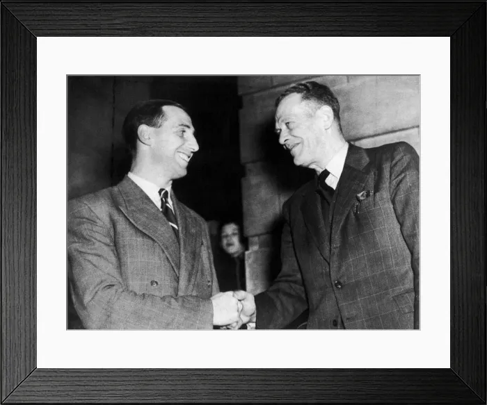Framed Print : Footballer Tommy Lawton (left) shakes hands with his new manager Arthur Stollery after Framed Print : Footballer Tommy Lawton (left) shakes hands with his new manager Arthur Stollery after