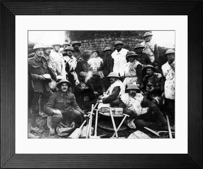 Framed Print : A Navvy Battalion seen here taking lunch during a break at Ancre December 1916 Framed Print : A Navvy Battalion seen here taking lunch during a break at Ancre December 1916