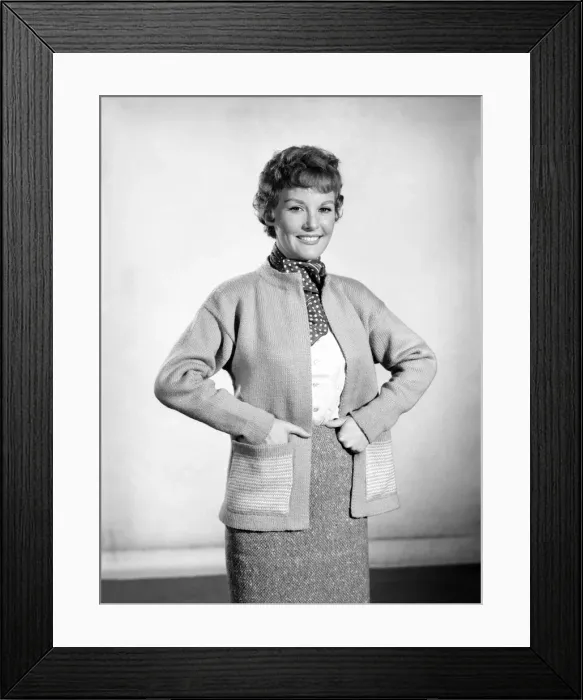 Framed Print : Clothing: Fashion: Knitwear: Petula Clark modelling cardigan. April 1956 B470-003