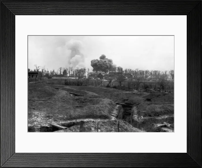 Framed Print : A German ammunition dump set on fire by Canadian shelling during the Battle for Arras Framed Print : A German ammunition dump set on fire by Canadian shelling during the Battle for Arras