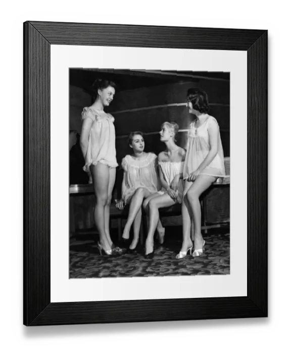 Framed Print : Clothing: Fashion: Nightwear: Pyjama game model girls at Cafe De Paris