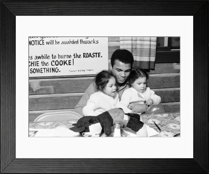 Framed Print : Muhammad Ali with twin daughters Jamillah and Rasheda in Deer Lake Pennsylvania Framed Print : Muhammad Ali with twin daughters Jamillah and Rasheda in Deer Lake Pennsylvania