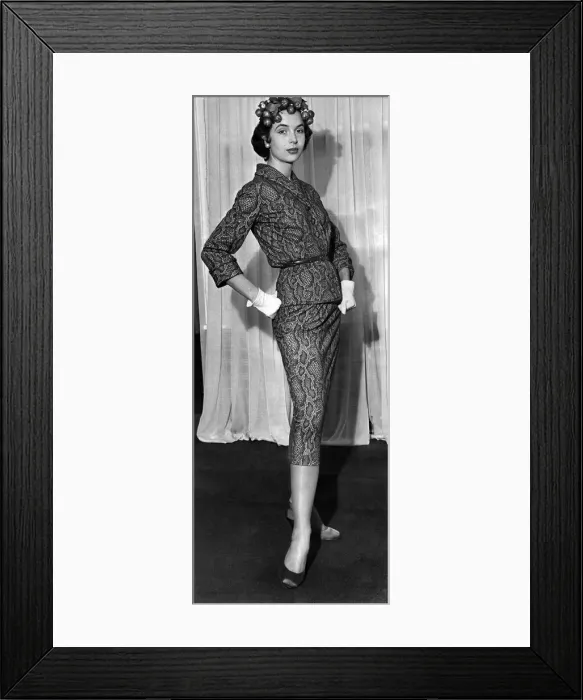 Framed Print : Clothing-Fashion 1954: Just Eve'No. 32, a snake print jersey suit Framed Print : Clothing-Fashion 1954: Just Eve'No. 32, a snake print jersey suit