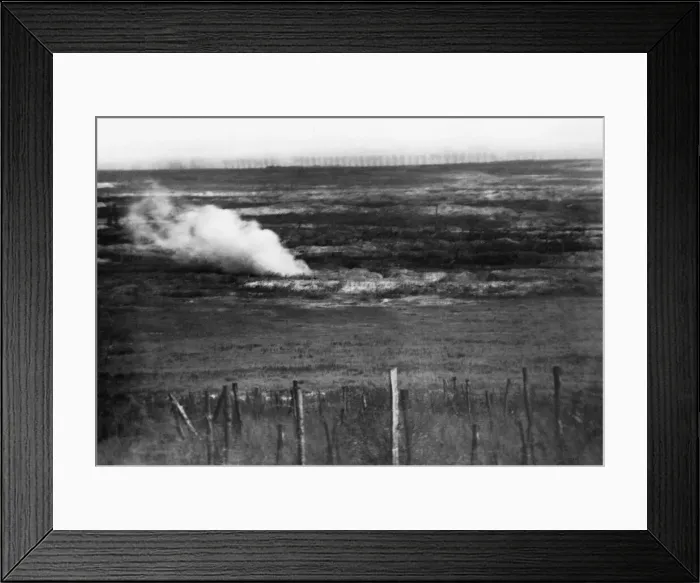 Framed Print : British artillery shells seen bursting on the German front line trenches during the open Framed Print : British artillery shells seen bursting on the German front line trenches during the open