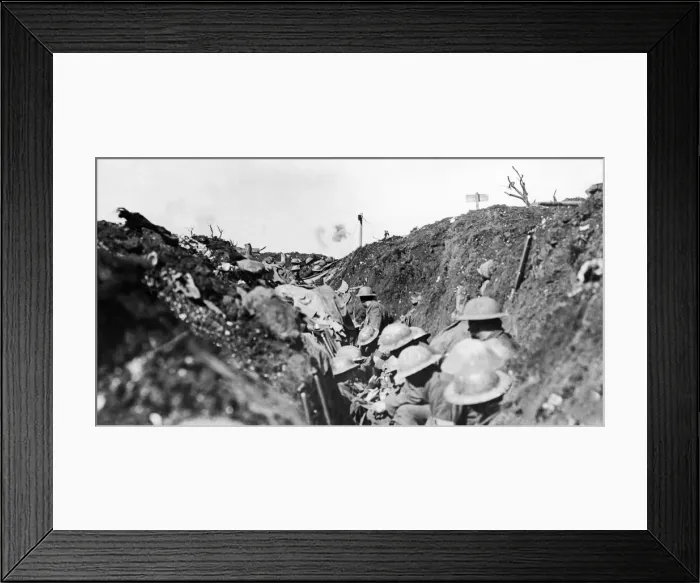 Framed Print : Shrapnel bursting over Canadian troops sheltering in a reserve trench during Framed Print : Shrapnel bursting over Canadian troops sheltering in a reserve trench during
