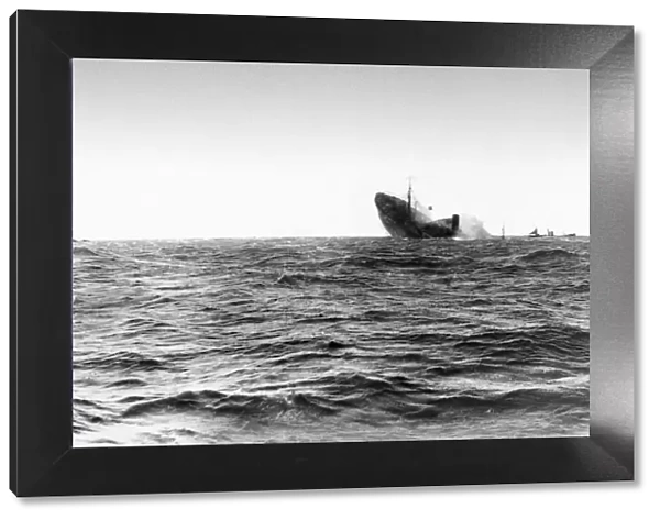 The final moments of an allied cargo ship after she had been torpedoed by a German U-Boat