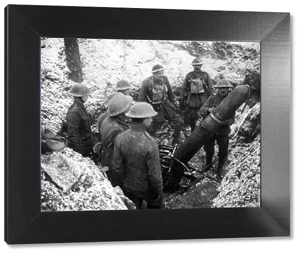 Demonstration of British 9. 45 inch trench mortar, in an old German trench in Pigeon Wood