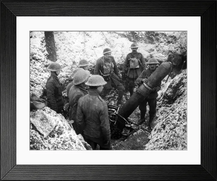 Framed Print : Demonstration of British 9. 45 inch trench mortar, in an old German trench in Pigeon Wood Framed Print : Demonstration of British 9. 45 inch trench mortar, in an old German trench in Pigeon Wood