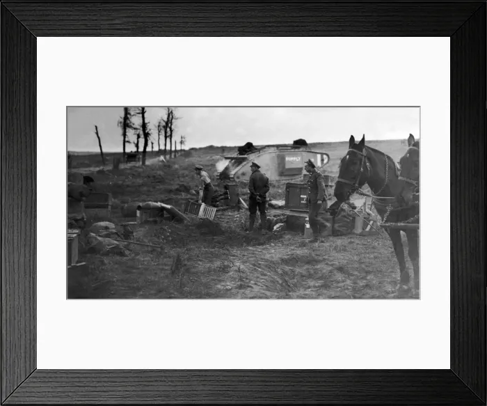 Framed Print : Soldiers seen here unloading a supply tank on the Somme during the final 100 days Framed Print : Soldiers seen here unloading a supply tank on the Somme during the final 100 days