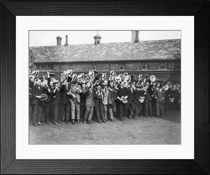 Framed Print : Public School Boys in the grounds of the Chatham Hospital Manchester cheering as Framed Print : Public School Boys in the grounds of the Chatham Hospital Manchester cheering as