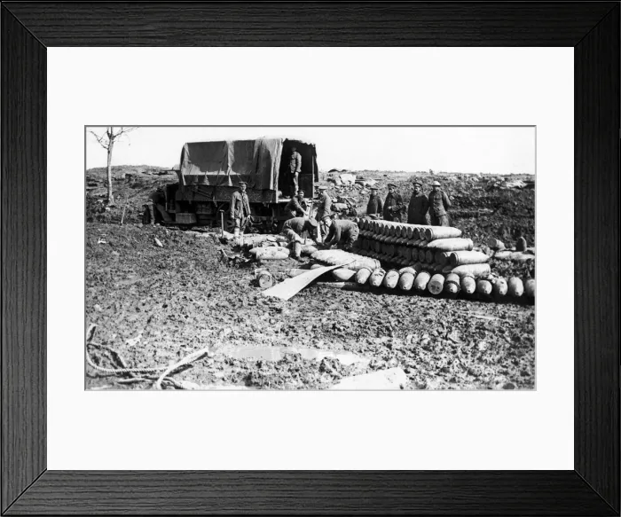 Framed Print : Artillery shells being unloaded during the Somme Campaign Circa October 1916