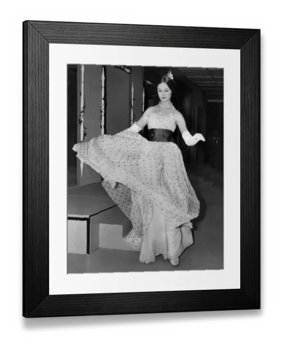 Framed Print : Clothing Fashion 1959: A ball dress in pink and grey chiffon by Ronald Paterson