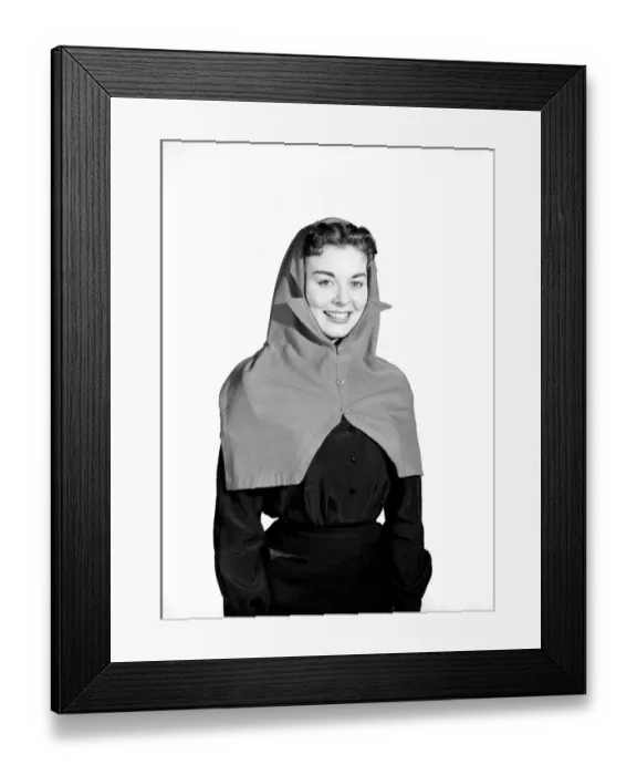 Framed Print : Clothing: Fashion: Hats: Woman wearing hat and scarf combined. 1958 B427-002