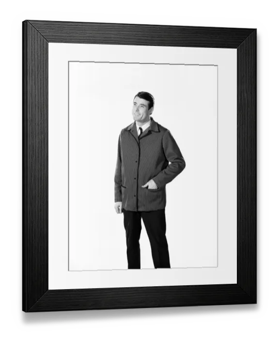 Framed Print : Clothing: Fashion: Menswear: Man wearing stripe jersey jacket. Model: Peter Anthony