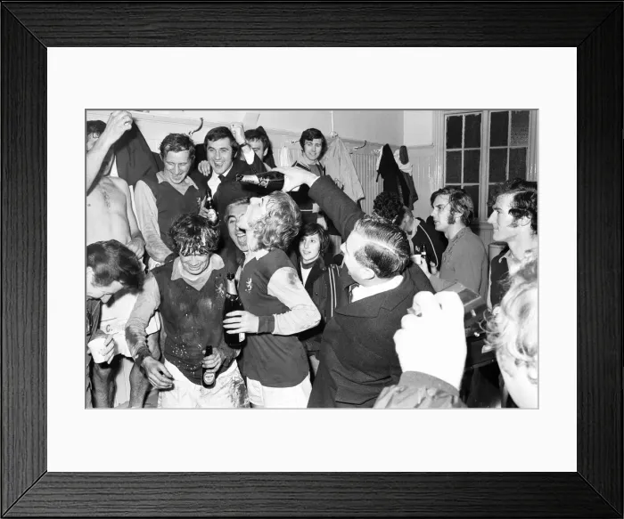 Framed Print : Aston Villa celebrating in the dressing room at Villa Park after their two one victory