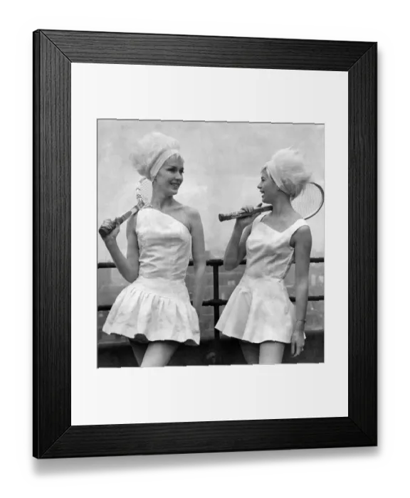 Framed Print : Clothing-Fashion: Sportswear: Left, Jacqueline Perrin wearing the bare shoulder look
