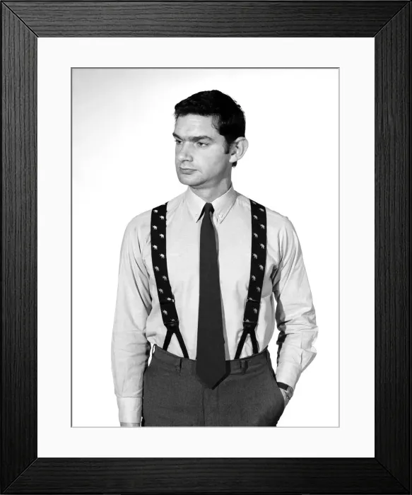 Framed Print : Clothing: Fashion: Menswear: Man wearing braces. 1966 B2029-003 Framed Print : Clothing: Fashion: Menswear: Man wearing braces. 1966 B2029-003