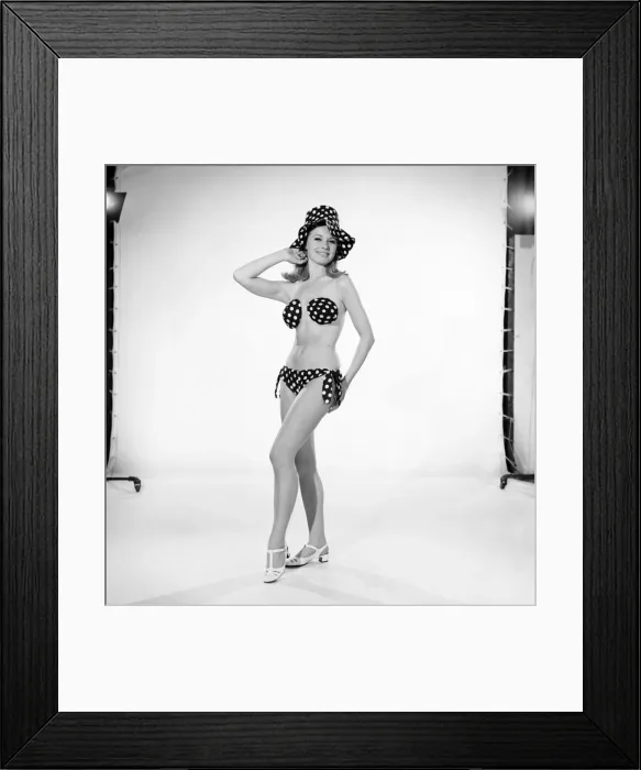 Framed Print : Clothing: Fashion: Beachwear: Woman (Vyvyan Dunbar) seen here wearing matching spotted Framed Print : Clothing: Fashion: Beachwear: Woman (Vyvyan Dunbar) seen here wearing matching spotted